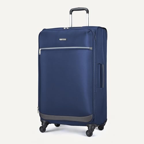 Amazon Basics 28" Large Checked Softside Expandable Suitcase with 360-Degree Multi-directional Spinner Wheels, Zippered Pockets, Telescoping Handle, Spacious, Navy Blue