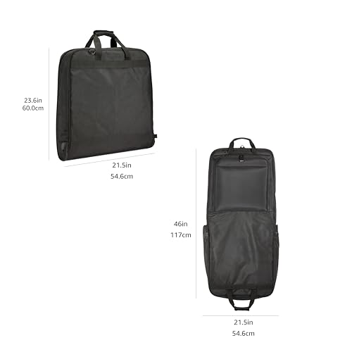 Amazon Basics 46" Premium Garment Bag for Travel, Suit Bag with Shoulder Strap for Suits and Dresses, 1680D Polyester Fabric, Exterior/Interior Pockets, Leather-reinforced Corners, Trifold, Black