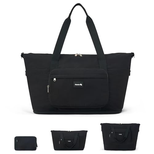 Hanke 40L Foldable Travel Tote Bags for Women Men, Expandable Weekender Bag with 11 Pockets, Wet Dry Separation, Laptop Compartment, Carry On Luggage Bag for Travel Gym Beach Daily Use(Black)