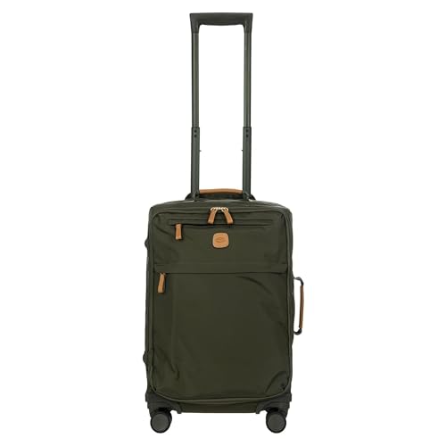 Bric's X-Travel 21” Carry-On Spinner – Airline Approved Luxury Softside Luggage with 360° Wheels, Recycled Water-Resistant Fabric, Interior Pockets, and Leather Details – Olive
