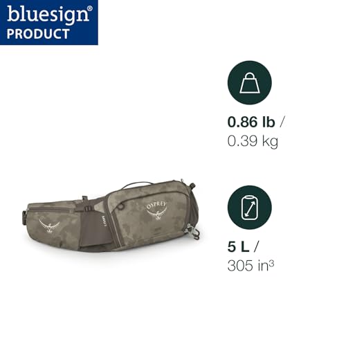 Osprey Savu 5L Biking Waist Pack for Men & Women - Mountain Bike Hydration Belt with Bottle Pockets, Pediment Grey/Dust Print, Extended Fit