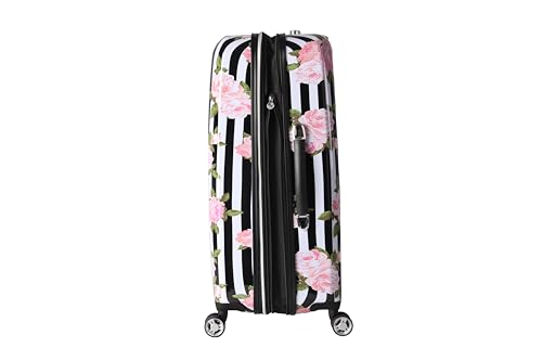 Betsey Johnson 26 Inch Checked Luggage Collection - Expandable Scratch Resistant (ABS + PC) Hardside Suitcase - Designer Lightweight Bag with 8-Rolling Spinner Wheels (Stripe Roses)