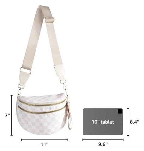 FEIBOON Spacious Checkered Nylon Crossbody Bag Bum Bag Handbags Wallets for Women (beige checkered)