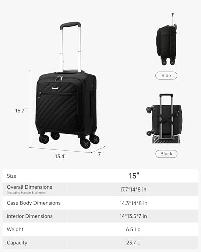 LUGGEX Carry On Luggage with Spinner Wheels - Stylish Lightweight UnderSeat Luggage - Soft Sided Small Suitcase with Front Open Design for Travel, Business (UX-Core, Black, 15 Inch)