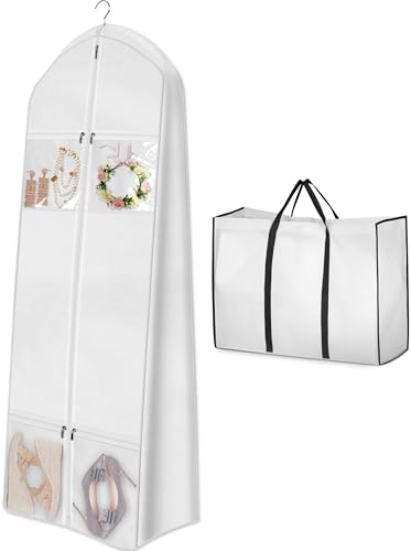 MISSLO Portable 70" Wedding Dress Garment Bag with Bride Tote Bag 8'' Gusseted Dress Bags for Gowns Long 4 Pockets Dress Cover for Women, White