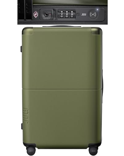 July Checked Plus with CaseSafe - 28.75" Built in Tracking, Airline Approved Check In Luggage with Wheels, Rolling Suitcase for Men & Women - Silent Spinner Wheels, Y-Strap - Moss