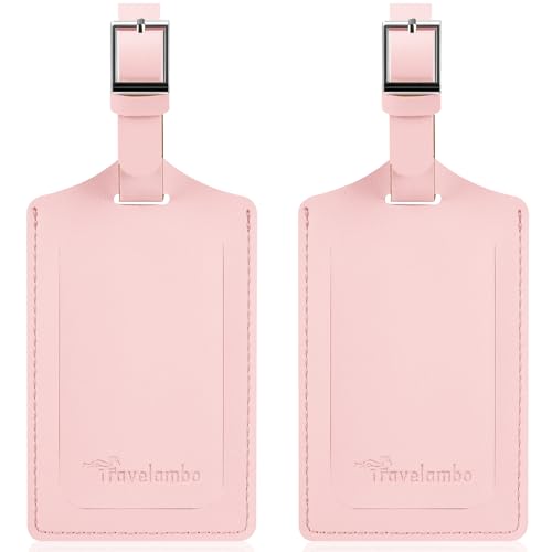 Travelambo Luggage Tags for Suitcases Faux Leather Privacy Protection 2 Pack Bag Tags Travel Accessories Essential, Light Pink