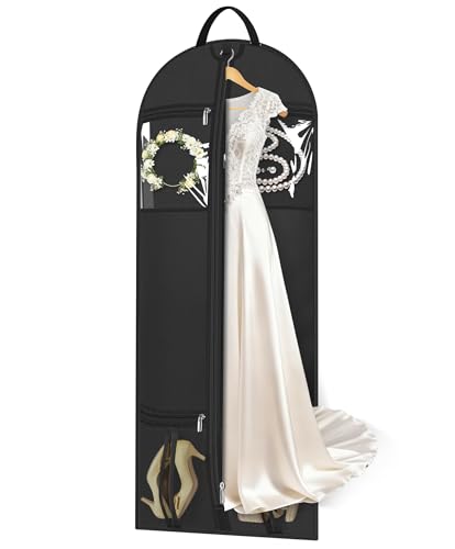 MISSLO 60" Dress Bags for Gowns Long with 4 Large Pockets Garment Bags for Travel for Women Heavy Duty Wedding Dress Bag for Hanging Clothes Garment Covers, Black