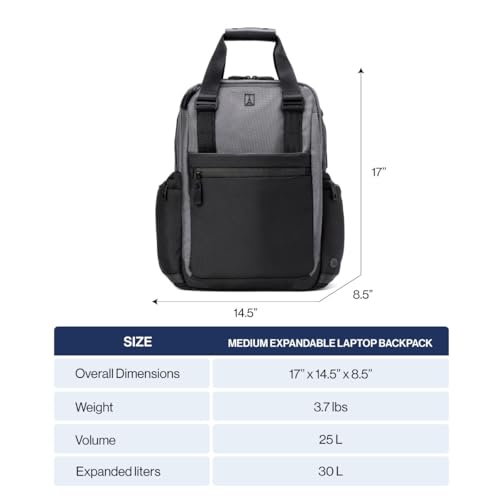 Travelpro Altitude Medium Expandable Travel Laptop Backpack 25-30L, 16 Inch Laptop, Water Resistant, Work, Business, Men and Women, Jet Black