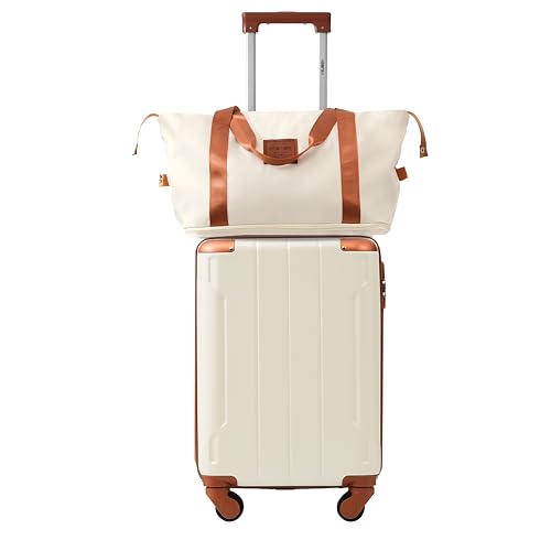Merax Luggage Set 3 Piece Carry on Luggage, Lightweight Durable Spinner Suitcase with Corner Guards (White Brown, 20inch)