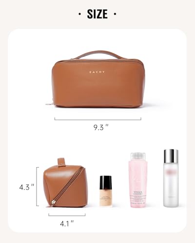 EACHY Travel Makeup Bag,Large Capacity Cosmetic Bags for Women,Waterproof Portable Pouch Open Flat Toiletry Bag Make up Bag with Divider and Handle, Gifts for Women (Brown, Medium)