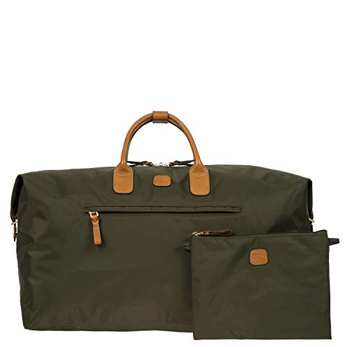 Bric’s X-Travel Deluxe Carry-On Duffel, Lightweight Water-Resistant Weekender with Italian Leather Handles, Removable Inner Pocket and Luggage Pass-Through for Versatile 2-in-1 Travel – Olive