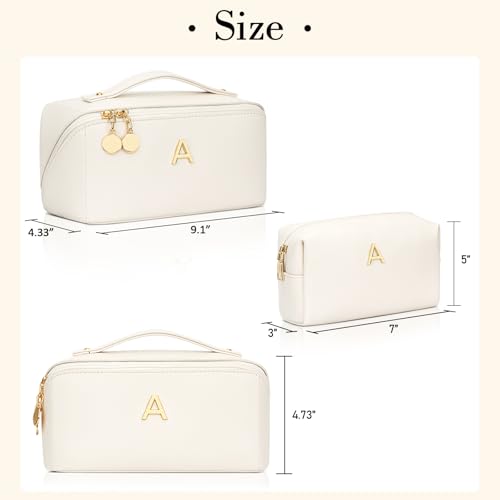 CLOUDWINGS Birthday Gifts for Women Teen Girl, Personalized Initial Makeup Organizer Bag Set, Open Flat Travel Cosmetic Bag With Clear Divider and Handle(Beige,A)