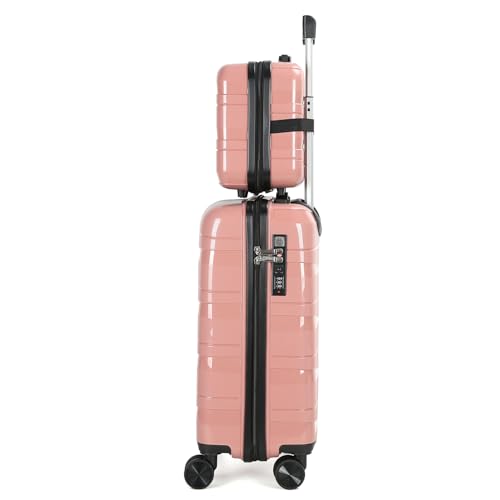 AGVOTK 20" Carry On Luaggage set, 2 Piece Spinner Suitcase Set with USB & Cupholder, Airline Compatible (Rose Pink)