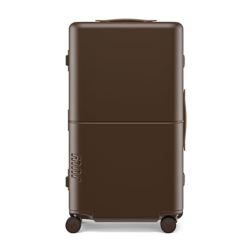 July Checked Trunk - 26.8" Zipperless Airline Approved Check In Luggage with Wheels, 80/20 Opening Spinner Suitcase - TSA Lock Rolling Suitcase, Spinner Wheels, Y-Strap - Matte Brown