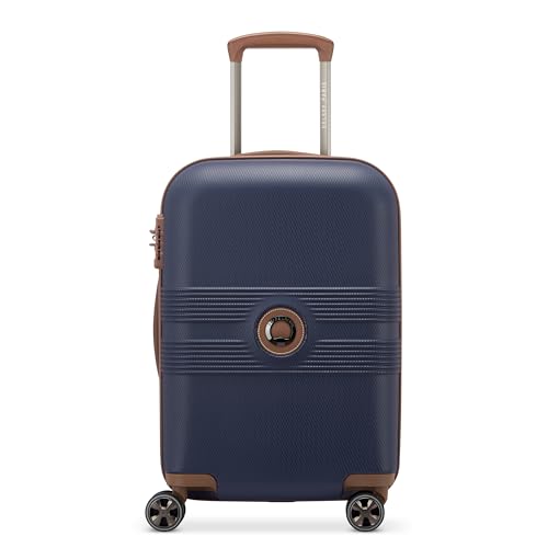 DELSEY PARIS Flanerie SE - Hardside Carry-On Luggage 19 Inch - 360° Dual Spinner Wheels - TSA Lock - Lightweight Polycarbonate Travel Suitcase with Vegan Leather, Navy