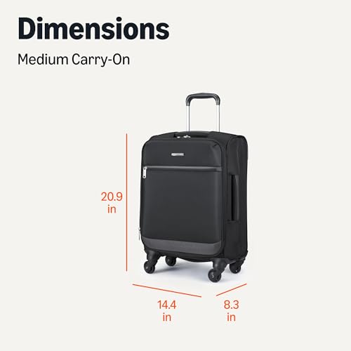 Amazon Basics 18" Medium Carry-On Softside Expandable Suitcase with 360-Degree Spinner Wheels, Telescoping Handle, Zippered Pocket and Straps, Black