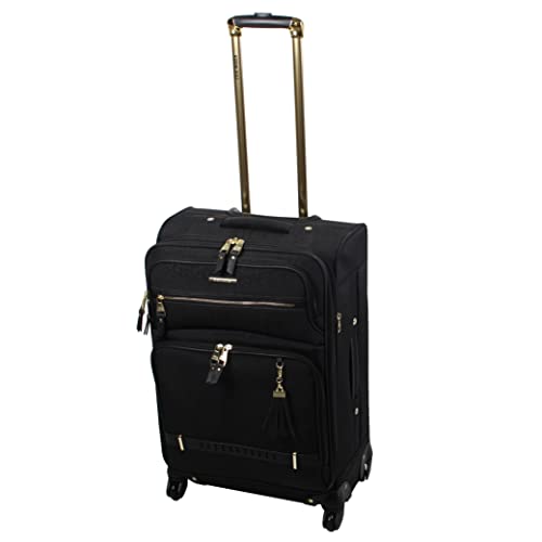 Steve Madden Designer Luggage Collection - Lightweight 24 Inch Expandable Softside Suitcase - Mid-size Rolling 4-Spinner Wheels Checked Bag (Black, 24in)