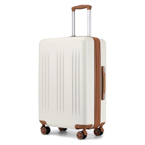Kono Lightweight 28 Inch Expandable Luggage with Quiet Spinner Wheels TSA Lock, Scratch and Drop Resistant PC+ABS Hardside Durable Large Checked Suitcase, Cream White & Brown