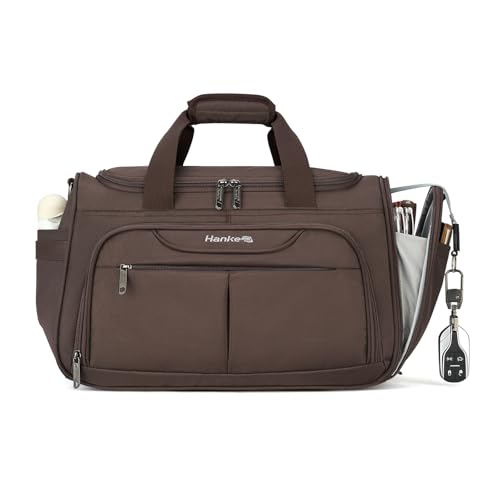 Hanke Small Travel Duffel Bag, Under Seat Carry On Personal Item Bag with 11 Pockets, Lightweight Water Resistant Foldable Weekender Bag with Trolley Sleeve for Travel Gym Daily Use（Coffee）