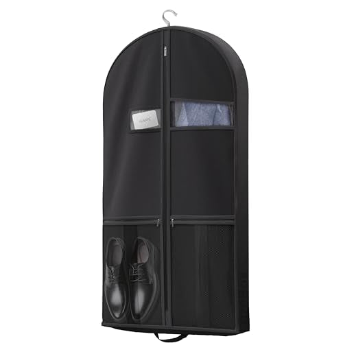 Lazebox 43" Travel Garment Bag with Accessories Zipper Pocket, Heavy Duty Suit Bag for Suits, Tuxedos, Dresses, Coats, Black, 1 pack