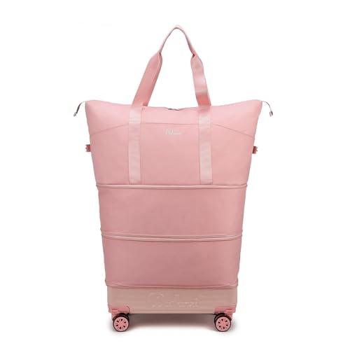Dufanxi Expandable Rolling Travel Bag with Removable Wheels & Handle, Large Capacity Wheeled Duffle Tote, Foldable Carry On Luggage for Women, Lightweight Weekender Overnight Bag (Pink)
