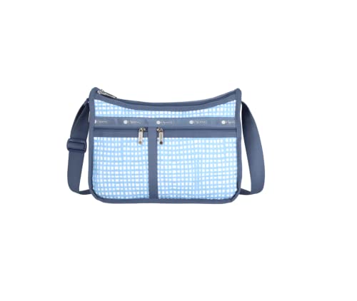 LeSportsac Painterly Weave Deluxe Everyday Crossbody Bag + Cosmetic Bag, Style 7507/Color E612, Dreamy Sky Blue & Crisp White Unite, Abstract Playful Gingham Inspired Weave, Subtle Pearlized Sheen