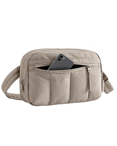 BAGSMART Fanny Packs for Women Cross Body, Quilted Puffy Belt Bag with Pockets, Fashion Waist Packs for Traveling Hiking Camel
