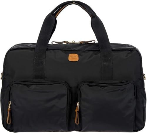 Bric’s X-Bag 18-Inch Cargo Carry-On Duffle, Water-Resistant Satin Nylon Travel Bag with Leather Handles, Laptop Sleeve, Front Zip Pockets and Luggage Pass-Through - Black
