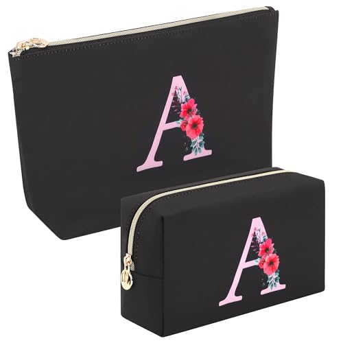 sevelly A-Z Personalized Makeup Bag 2 PCS, Birthday Gifts for Women Mom, Gifts for Best Friend, Bride Bridesmaid Cosmetic bag (A)