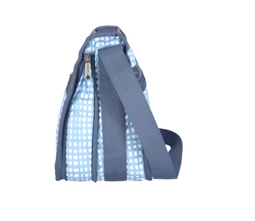 LeSportsac Painterly Weave Deluxe Everyday Crossbody Bag + Cosmetic Bag, Style 7507/Color E612, Dreamy Sky Blue & Crisp White Unite, Abstract Playful Gingham Inspired Weave, Subtle Pearlized Sheen
