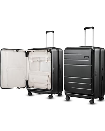 LUGGEX Checked Suitcase with Spinner Wheels, FLO5 Top Opening Expandable Polycarbonate Hard Shell Suitcase with TSA Approved Lock (FX-Core, Black, 28 Inch)