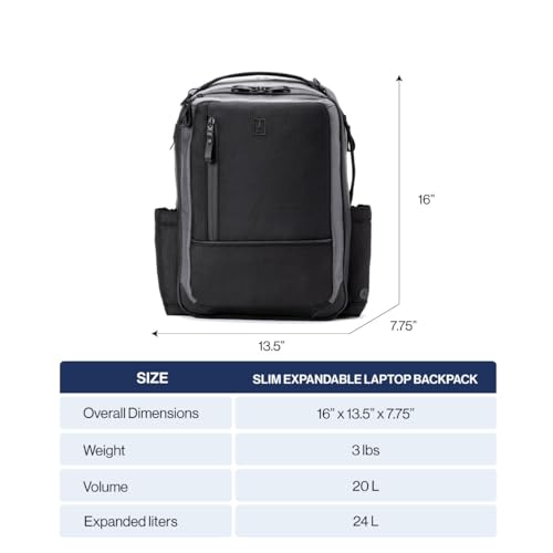 Travelpro Altitude Slim Expandable Travel Laptop Backpack 20-24L, 16 Inch Laptop, Water Resistant, Work, Business, Men and Women, Jet Black