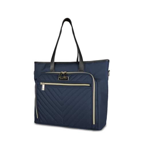 Kenneth Cole REACTION Chelsea 2-Piece Bundle - 20" Chevron Expandable 8-Wheel Carry-On Suitcase & Matching 15" Laptop Tote Bag, Navy