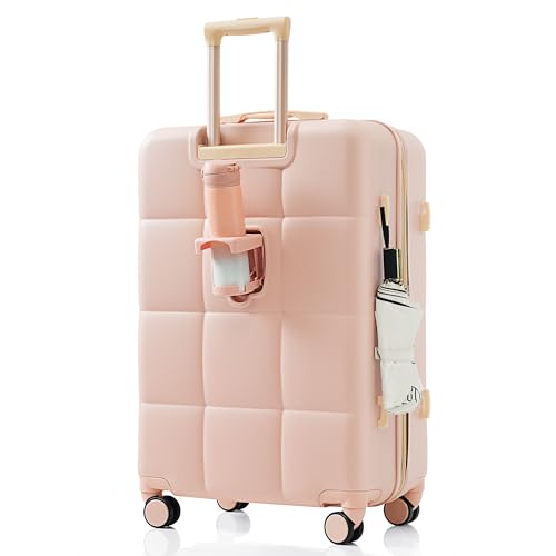 Merax 3 Piece Luggage Set with Cup Holder ABS Hardshell Lightweight Suitcase Sets Spinner Wheels Suitcase with TSA Lock, 20 Inch Airline Certified Carry-on Luggage, 20" 24" 28", Pink