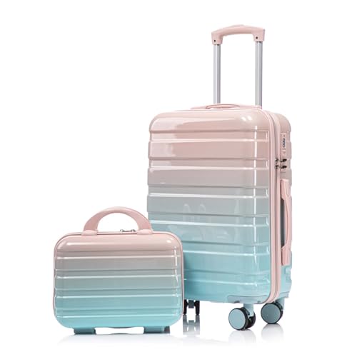 Clyrava 20 Inch Blue+Pink Carry on Kids Luggage Set of 2 with Spinner Wheels and 14" Cosmetic Case, Hardshell Small Suitcases with Combination Lock, Checked Luggage for Travel Men and Women