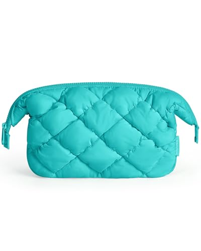 BAGSMART Quilted Travel Makeup Bag, Puffy Toiletry Organizer with Wide Opening, Cosmetic Storage for Women's Accessories, Lake bule