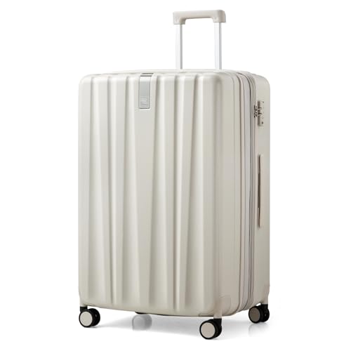 Hanke 29 Inch Expandable Checked Luggage Lightweight PC Hard Shell Luggage Suitcases with Wheels Travel Luggage Rolling Large Suitcase Travel Luggage Bag for Study Abroad.(Ivory White)