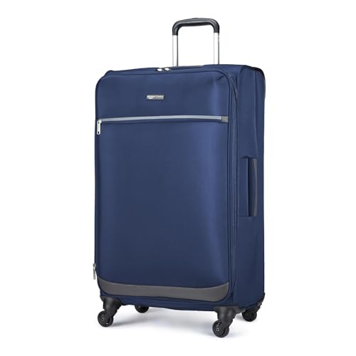 Amazon Basics 28" Large Checked Softside Expandable Suitcase with 360-Degree Multi-directional Spinner Wheels, Zippered Pockets, Telescoping Handle, Spacious, Navy Blue