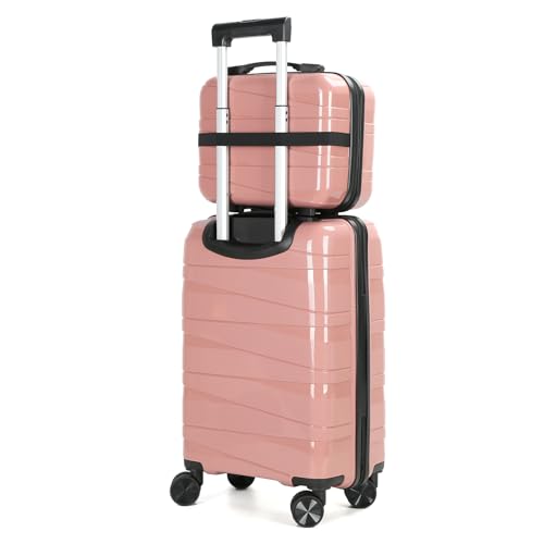 AGVOTK 20" Carry On Luaggage set, 2 Piece Spinner Suitcase Set with USB & Cupholder, Airline Compatible (Rose Pink)