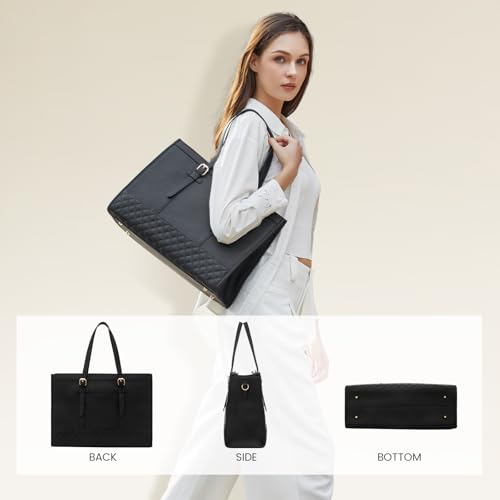 LOVEVOOK Women's 15.6 inch Laptop Tote, Waterproof PU Leather Computer Work Bag, Large Capacity Business Office Tote Black