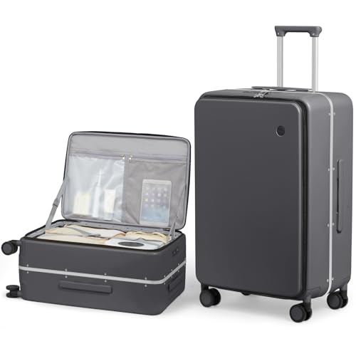 mixi 26 Inch Large Checked Luggage PC Hard Shell Suitcase Top Opening Aluminum Frame Travel Suitcases with Wheels, Rock Gray