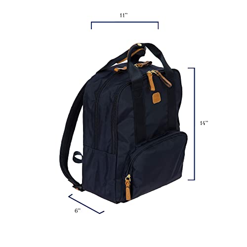 Bric's X-Travel Urban Backpack 14 Inch, Water-Resistant Satin Nylon Carry-On Daypack with Leather Details, Laptop Sleeve, Double-Zip Compartments and Luggage Pass-Through – Navy