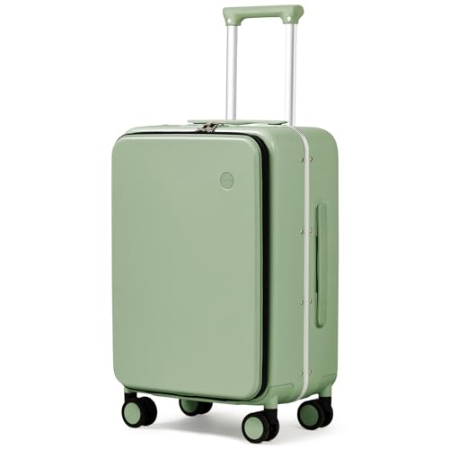 mixi Carry On Luggage, 20'' Suitcase with Front Pocket, Travel Rolling Luggage Aluminum Frame PC Hardside with Spinner Wheels & TSA Lock and Cover - Avocado Green