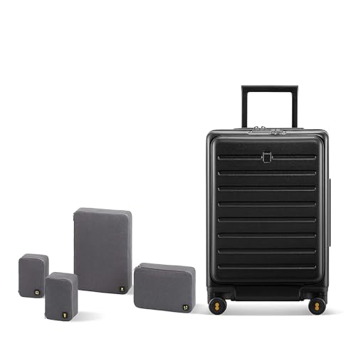 LEVEL8 Road Runner 20" Carry-On Luggage with Front Pocket plus 4 PC Organizer Packing Cubes - Black, 20-Inch Carry-On