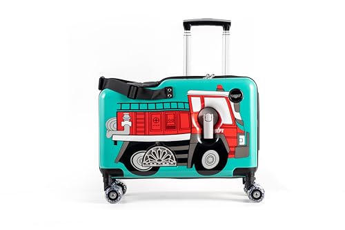 Younglingz LIL FLYER GO Version 2 Ride On Suitcase for Kids | Carry On Luggage with Toddler Seat, Foldable Handlebars, Pedals, and Removable Wheels | Holds up to 80 lbs | FIRETRUCK | Ages 2-6