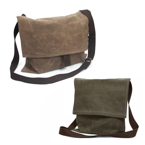 Foraging Bag 16 oz Waxed Canvas Haversack Bushcraft Shoulder Bag Durable Messenger Bag with Pocket for Gardening Camping (Antique Olive Large)