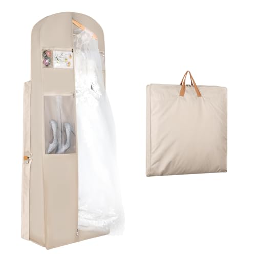 Zilink 72" Wedding Dress Garment Bag Dress Bags for Gowns Bridal Garment Bag for Long Dresses with 12”Gusseted and Accessory Pockets for Wedding Dress, Puffy Gowns [Upgraded Version], Beige