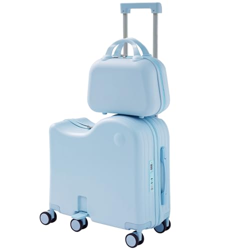 TABU Ride-on Luggage with Portable Bag for Kids，Hardshell Carry On Suitcase with Hidden Cup Holder, Foldable Pedal,Type-C & USB Interface, TSA Lock, 6-Spinner Wheels, Blue