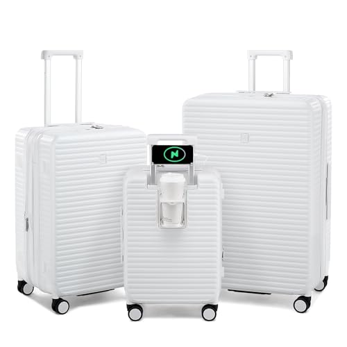 HanTrip Hard Shell Suitcases Expandable Travel Luggage Sets 3 Piece, Carry on and Check in 3 Piece Luggage Suitcase Sets with Spinner Wheels Cup Holder Charger Built in (White, 20/24/28)